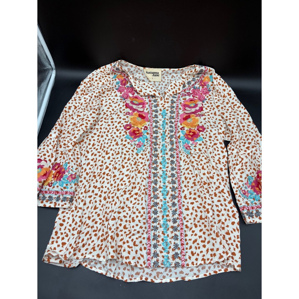 Savanna Jane Womens Embroidered Floral Boho Tunic Blouse Animal Print Large